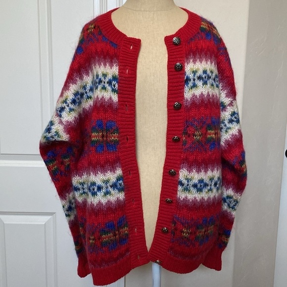 Vintage Susan Bristol Hand Knit Cardigan Womens M  Mohair Wool Sweater Fairisle - Picture 1 of 11